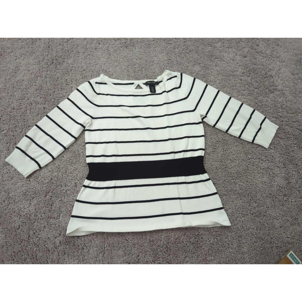 White House Black‎ Market Sweater Top Womens M White Striped Black Band Waist